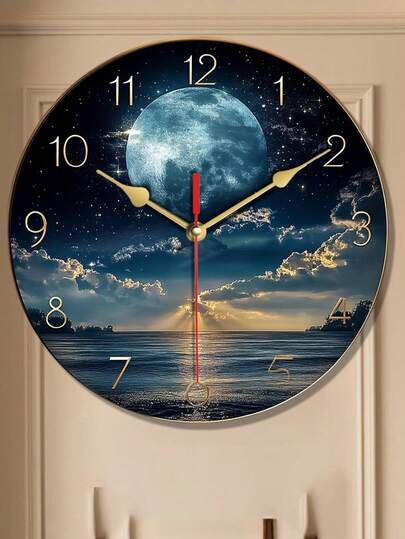 Pc 10 Inch/12 Inch Moderne Wood Wand Klok Moonlit Night Sky 2D Flat, Classic Golden Numbers, Mounted, Multipurpose Home Or Office, Nighttime scape Durable Clock, Room view 5