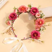 1件粉色玫瑰花波西米亚风新娘婚礼花卉头饰、皇冠、头饰、发圈 - 58870紅色 - 查看 4
