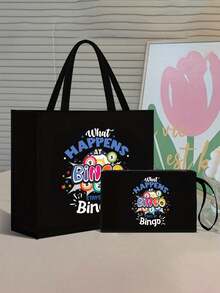 Túi vải lanh thời trang & Túi đựng mỹ phẩm - Sức chứa lớn, In họa tiết "Đêm Bingo" thời trang, Phù hợp để đi làm, đi học hoặc mua sắm, In chủ đề Chị em, Đồng nghiệp, Bạn bè Túi tote lớn - Sức chứa lớn Túi quà mở, Túi tote thời trang dành cho nữ có túi đựng mỹ phẩm, Lớp lót vải bền, Đã giặt, Cạnh chống dầu, (Hướng của dây túi nhỏ là ngẫu nhiên) - màu đen - Xem 13
