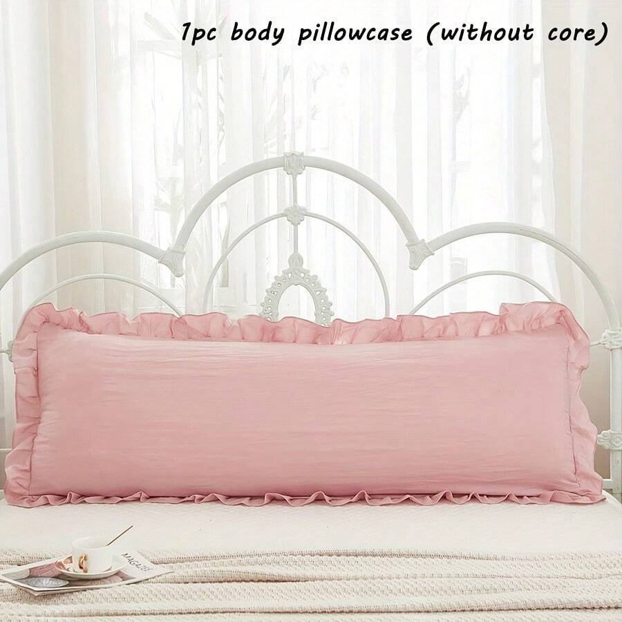 1pc Solid Color Ruffle Edge Body Pillow Cover (Pillow Insert Not Included), 20in*54in Headboard Pillow Protector Sleeve, Skin-Friendly Warm Breathable Pocket Pillow Case, Suitable For All Seasons, Machine Washable, Home/Bedroom Use - Pink - View 1