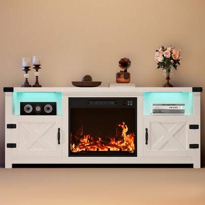 Furniwell Fireplace TV Stand With Barn Doors And Open Display Shelf, Farmhouse Media Console With LED Light And Hidden Cable Routing, Entertainment Center For Televisions Up To 65+ Inch