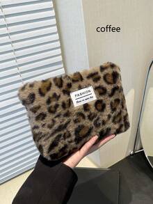 Yogodlns 新款时尚女士毛绒面料豹纹纹理手拿包 别致时尚化妆包女士手拿包 可爱女士钱包迷你毛绒手提包轻便休闲手拿包秋冬季 撞色蓬松化妆包 轻便时尚女士派对手拿包