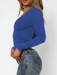 Women's Fashionable Sexy Fitted Lace Trim V-Neck Short Y2K Style Long Sleeve T-Shirt Top - Xanh đậm - Xem 4