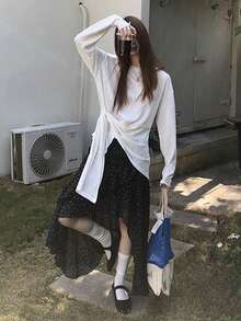 不对称花卉图案高腰A字裙，荷叶边裙摆 - 黑色 - 查看 5