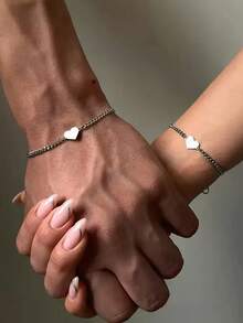 2pcs/Set Minimalist Stainless Steel Heart Chain Couple Bracelets, Stylish Valentine's Day Jewelry Gift - Couple Bracelets - View 5