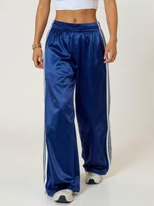 Women's Satin Wide Leg Track Pants - Side Stripe Elastic Waist Trousers For Christmas, Holiday, Daily Casual & Streetwear Outfits - 藍色 - 查看 3