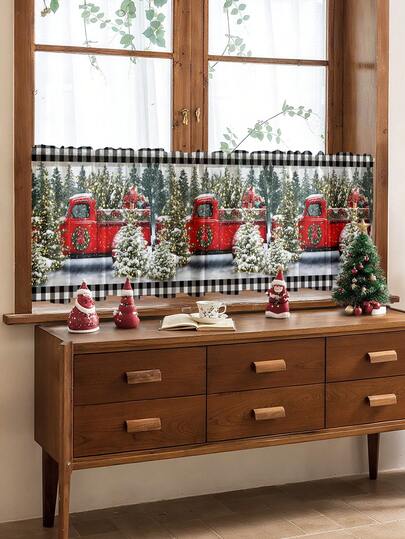 1pc Christmas Gift Christmas Snowman, Reindeer, Christmas Tree Atmosphere Decorative Kitchen Window Curtain, Sheer Curtain With Eyelets, Translucent But Not See-Through, Suitable For Living Room, Bedroom, Doorway, Kitchen Window, Noise Reduction, Christmas Decor Curtain