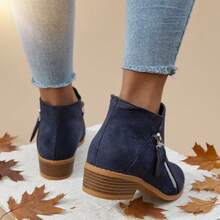 2025 Autumn/Winter Women's Faux Suede Side Zipper Boots, Round Toe Block Heel Classic Boots, Ideal For Pairing With Jeans..Botines De Mujer - Màu xanh hải quân - Xem 4