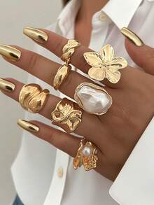 7pcs/6pcs Set Vintage Casual Exquisite Bohemian Style Asymmetrical Faux Pearl Ruffle Floral Line Design Women Metal Ring Set, Suitable For Women's Daily, Vacation, Party, Date Wear, Stackable, Versatile For All Seasons, Holiday Gift