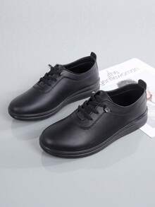 Women's Black Work Safety Shoes, Soft Sole Non-Slip Comfortable Shoes For Hotel, Restaurant, Kitchen, Office, Flat Breathable Slip-On Lightweight Leather Shoes - Black - View 10