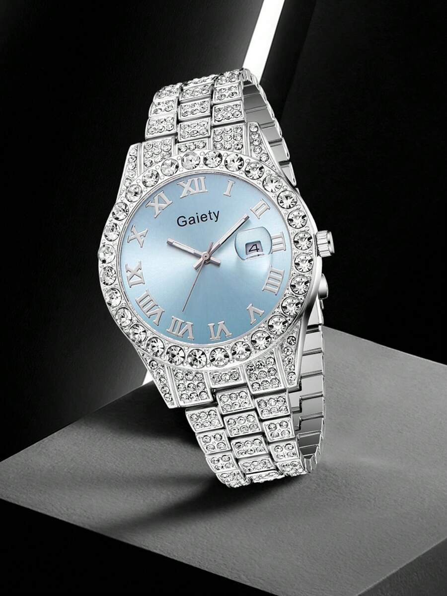 1 Peça Relógio Feminino de Luxo com Pulseira de Liga de Prata, Relógio de Quartzo com Mostrador Cravejado de Diamantes e Numerais Romanos, Adequado para Combinar com Looks Diários ou como Presente de Feriado - Prata - Visão 1