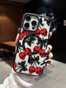 黑色蕾丝蝴蝶结骷髅樱桃印花图案磁吸指环手机壳适用于 16 Pro Max、14/13、12、11 Pro Max、XS Max、X、XR、8、7、Plus、Mini，适合作为生日礼物、女朋友、男朋友或自用 - 彩色 - 查看 2