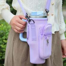 1 set de husă de 40 oz cu, compatibilă cu setul de accesorii pentru sticle de apă Stanley Sports, husă din neopren pentru sticlă cu curea de umăr reglabilă, geantă de depozitare dublă, portofel mobil pentru monede, pălării de paie, carabiniere, brelocuri și pandantive cu perle artificiale, potrivită pentru călătorii, accesorii pentru pahare de fitness în aer liber.