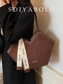 Love Design Tote Bag, Large-Capacity Shoulder Bag, Faux Leather Simple Bag For Work - Coffee - View 2