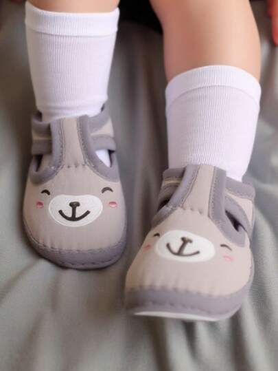 1 par de zapatos antideslizantes suaves y lindos con bordado de oso de dibujos animados para recién nacidos, bebés niños y niñas, pre-caminantes