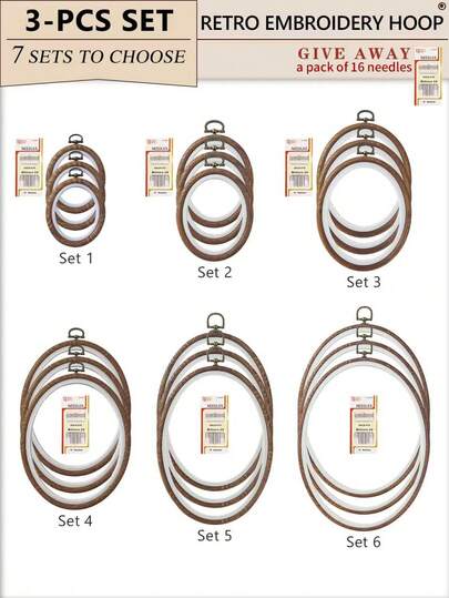 3pcs Oval Brown Faux Wood Grain Vintage Style DIY Cross Stitch Embroidery Hoops, Made Of ABS And PVC With Metal Hanging Hooks, Suitable For Halloween, Christmas Decoration, Phone/Bag Charms, Car Ornaments, Hair Accessories, Desk/Bedside Decor, Shatterproof, Comes With 16pcs Needles For Embroidery And Household Use