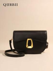 Classic Black Faux Leather Crossbody Bag, New Design Wide Strap Crossbody Saddle Bag
