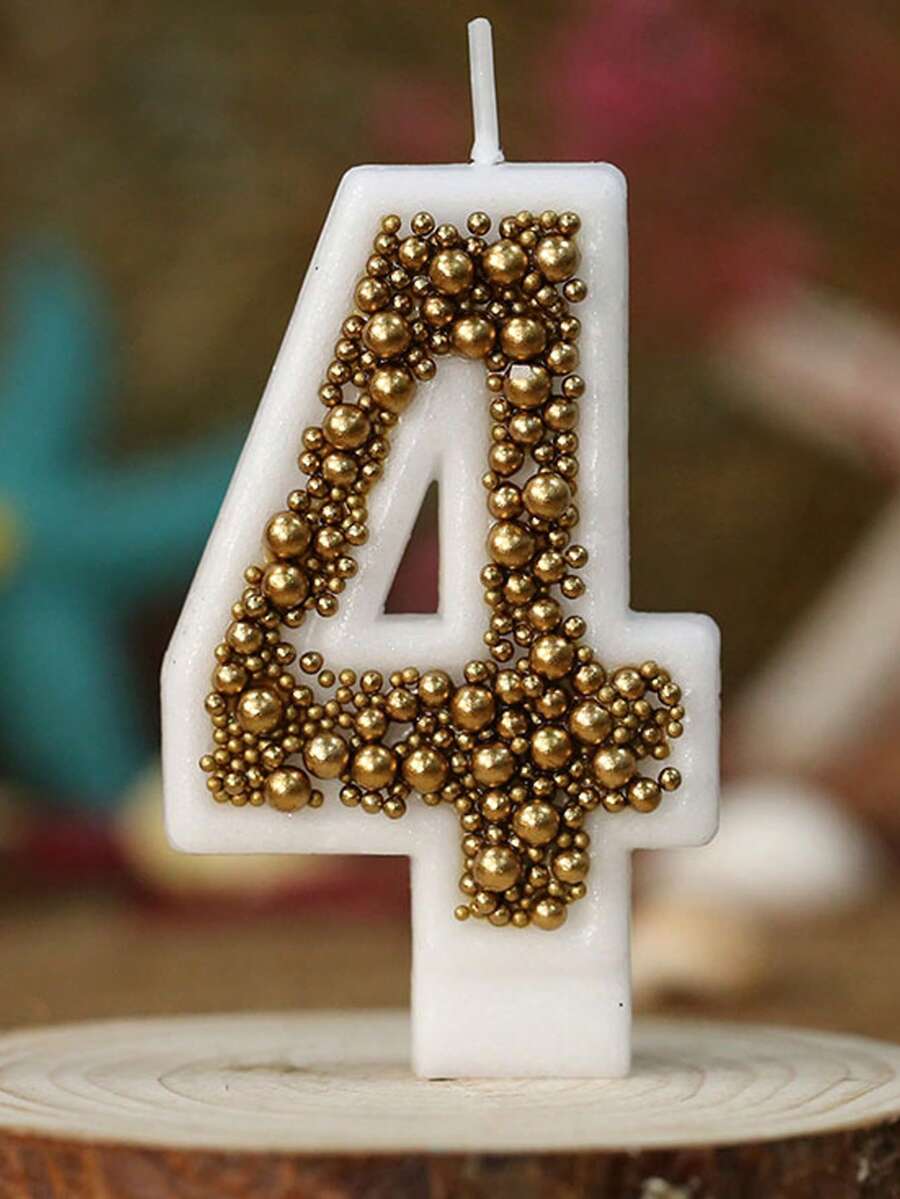 1件金色珠飾鑲嵌數字0-9生日蠟燭,白色底座數位蛋糕裝飾蠟燭,桌面擺飾派對小禮品與烘焙裝飾 - 彩色 - 查看 1