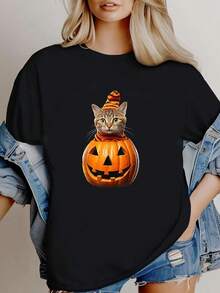180g pure Cotton Funny Halloween Cat Pumpkin Cute Jack-O-Lantern Costume T-Shirt for Men Women Top For Everyday Wear Breathable Slightly women Casual Comfortable fashion Print Round Neck Short Sleeve Stretched Summer female T-Shirt For Women Casual Unisex Soft - Negro - Ver 1