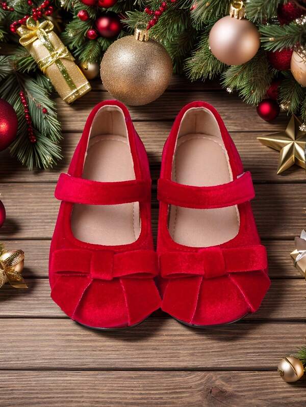 1 Pair Girls' Autumn/Winter Velvet Comfortable Cute Bow Flat Mary Jane Shoes, Suitable For Holidays, Weddings, Stage, Christmas, Daily Wear