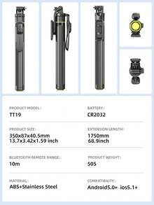 TOKQI Palo de selfie extendido 3 en 1 con apertura automática, trípode con control remoto Bluetooth, soporte de teléfono giratorio 360° desmontable con luz de relleno, estabilizador portátil de acero inoxidable para grabación al aire libre, vlogs de viaje, filmación de video