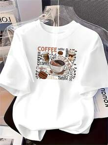 Camisa de manga corta con temática de café para mujer - Blanco - Ver 1