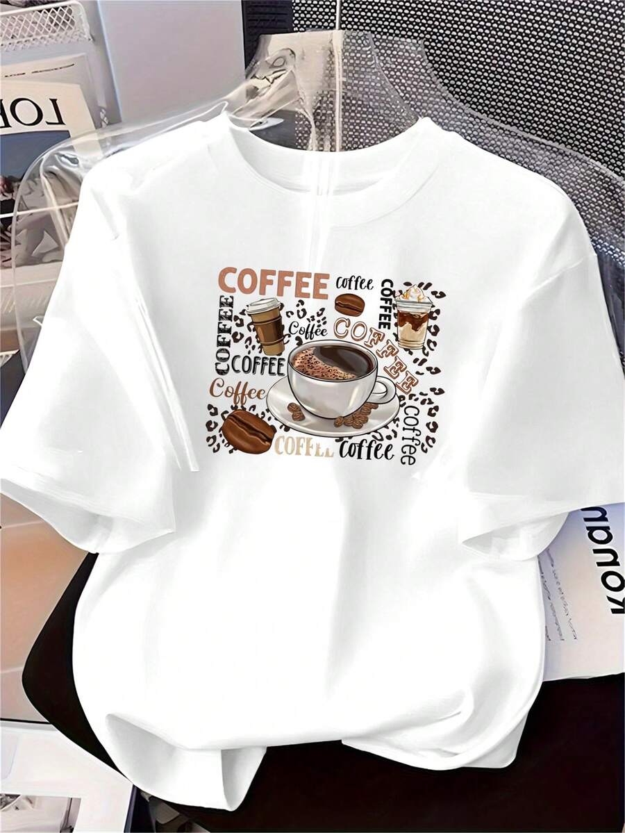 Camisa de manga corta con temática de café para mujer - Blanco - Ver 1