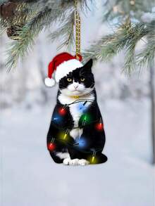 1 pieza - Adorno colgante de gato negro navideño - Decoración navideña de árbol con gato negro - Regalos lindos de gato para amantes de los gatos, adornos navideños para árbol, decoraciones de fiesta de árbol de Navidad, colgantes de acrílico, adornos decorativos navideños, decoración navideña, adornos colgantes únicos de coche para Navidad