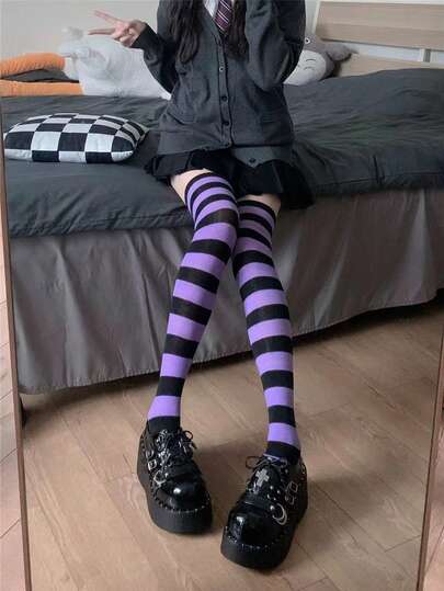 1 Paar Damen Gestreifte Kniestrümpfe, modische bunte Streifen, Oberschenkelstrümpfe, lange Socken, Mädchen Socken, Party Socken, Tanzsocken, Punk Stil, Rockstar, für den täglichen Gebrauch (dünn <120 Pfund)