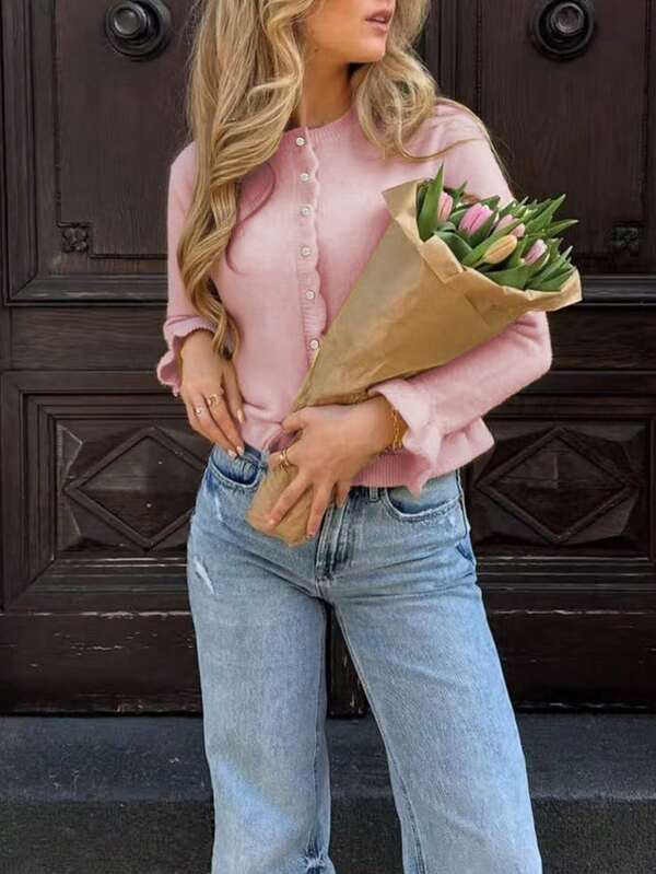 Suéter de mujer de punto Joy para otoño/invierno - Nuevos lanzamientos - Vuelta al colegio - Estilo de moda minimalista casual - Tops básicos - Botones con volantes en el bajo - Bajo asimétrico - Puños - Chaqueta de cárdigan de punto ajustada - Atuendos de oficina para mujer - Tops para salir - Atuendo de viaje para el aeropuerto - Año Nuevo - Navidad