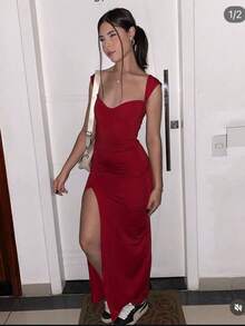 Kathinny Dress Simple Mesh Side Slit Holiday Evening Holiday Wedding Birthday Party Dating - Đỏ - Xem 2