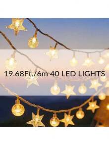 1PC 10/20/40/80 LED 1.5/3/6/10 米星形灯泡灯串，温馨氛围灯串，窗台装饰灯，房间装饰灯，小夜灯装饰灯串，星光灯串，月光灯串，节日小夜灯氛围灯，童话灯惊喜礼物房间灯串，节日灯串 - 星星&氣泡球燈串 - 查看 13