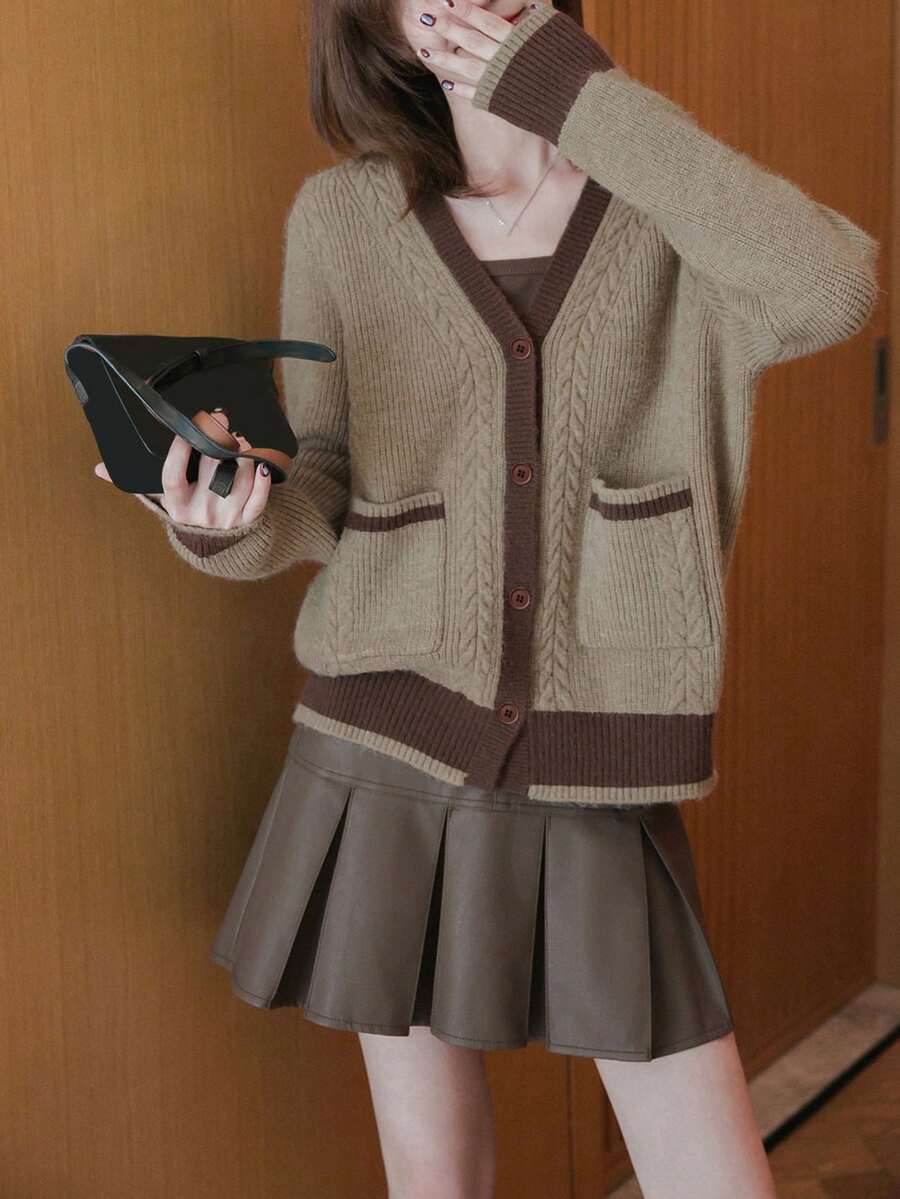 女式撞色饰边双口袋开衫,秋冬 - 卡其色 - 查看 1
