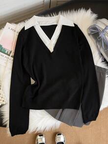 Autumn/Winter College Style 2 In 1 Knitted Sweater Women, Polo Collar Vintage Color Block Pullover Top