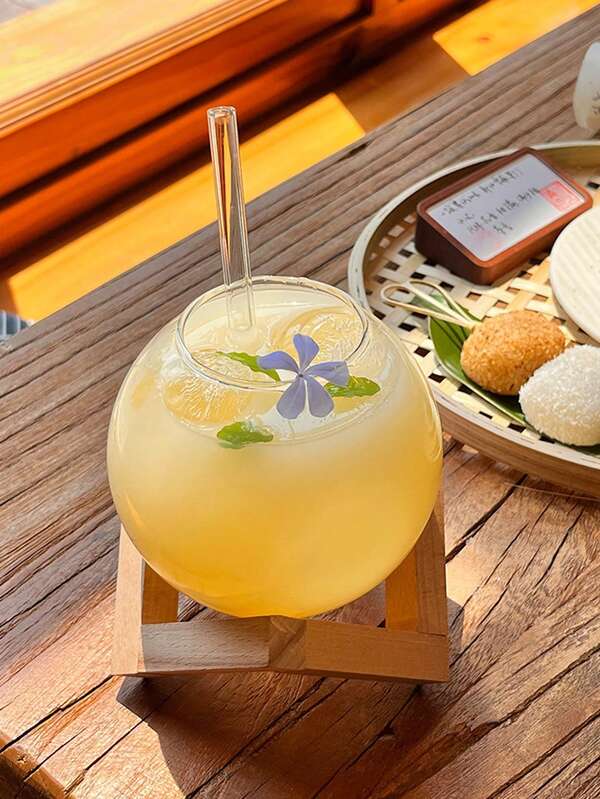 1 set di bicchieri da cocktail a forma di luna rotonda con base in legno, bicchieri da bere trasparenti e sferici, ciotole per smoothie, tazze per succhi di frutta creative, adatte per bar, pub, club, ristoranti, uso domestico, accessori per bevande estive