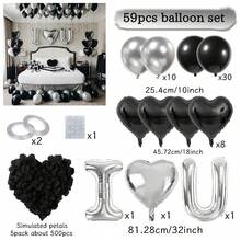 Black Valentine's Day Decorations Set, Including Black Valentine's Day Banner, Black Rose Petals, Black Latex Balloons, Silver Heart Foil Balloons, Suitable For Birthday Party Decor, Anniversary, Wedding, Home Decor, Photo Props