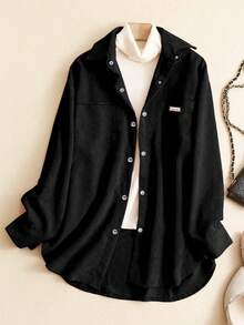 Koszula damska w dużym rozmiarze, kontrastowa, z nadrukiem w litery, z przodu, z kieszenią na guziki, luźna, swobodna, wygodna, z tkaniny sztruksowej, z długim rękawem, odpowiednia do codziennego noszenia jesienią/zimą