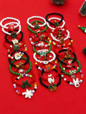 9pcs/27pcs Girls Christmas Tree, Snowflake, Santa Claus Gift Beaded Bracelets, Suitable For Holiday Parties, Assorted Colorful Beads