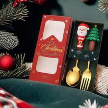 Christmas Spoon And Fork Set, Dessert Fork, Dessert Spoon, Coffee Spoon, Stainless Steel Gold Set With Santa Claus & Christmas Tree Toppers, Christmas Decor, Christmas Dinnerware Set, Practical Christmas Gift