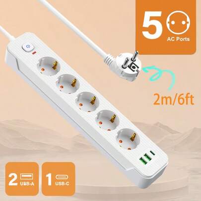 In 2025, a new multi-functional power strip/power socket/surge protector will be released, featuring a power strip with 5 outlets, along with (2 USB-A) and (1 TYPE-C) ports, a 2m/6ft retractable power extension cord with overload protection, and 2 styles of surge protectors suitable for home and office use.