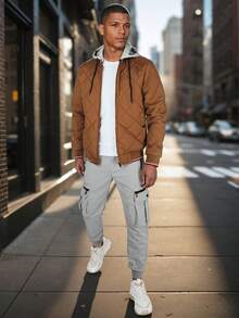 Men's Transitional Quilted Jacket With Detachable Hood, Lightweight Spring And Autumn Sports Jacket With Practical Zipper Closure, Men's Casual Clothing With Pockets And Drawstring, Stylish Men's Jacket For Cold Days - Camel - View 2