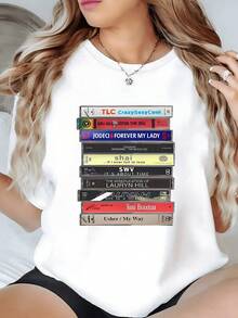 1 unidad de Camisa de T 100% algodón para Mujer con Estampado de Casetes Retro de los 90 TLC Jodeci Shai SWV Lauryn Hill  Toni Braxton y Usher. Camisa de T con Estampado Digital 220 Gramos estilo Vintage Nostálgico - Blanco - Ver 1