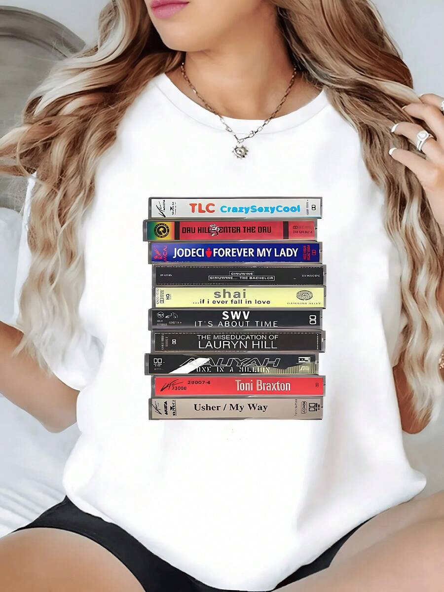 1 unidad de Camisa de T 100% algodón para Mujer con Estampado de Casetes Retro de los 90 TLC Jodeci Shai SWV Lauryn Hill Toni Braxton y Usher. Camisa de T con Estampado Digital 220 Gramos estilo Vintage Nostálgico - Blanco - Ver 1