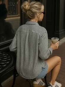 Linen Button Down Shirt Beach Cover Up Long Sleeve Striped Striped Polyester Button Holiday Daily Travel Summer - Black - View 2