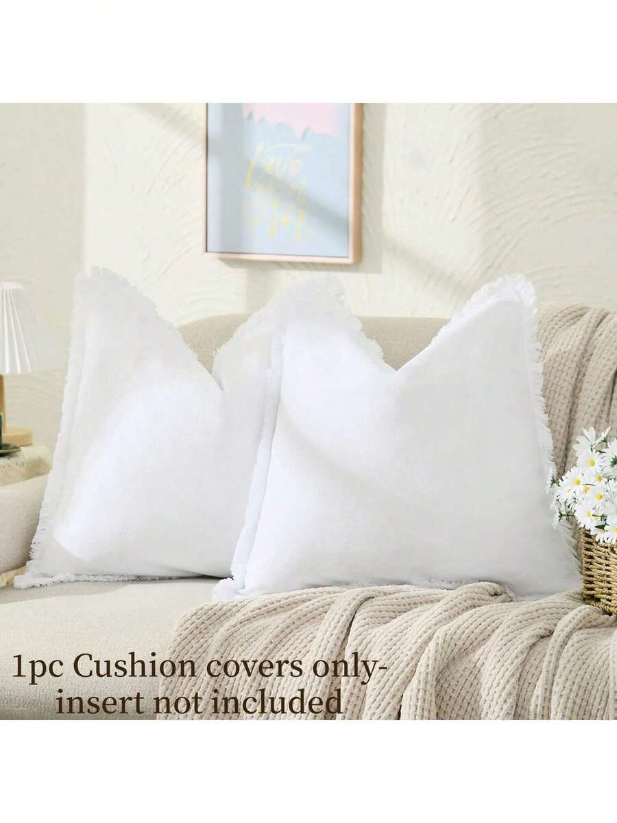 1pc White Tasseled Throw Pillow Case (Without Pillow Insert), Farmhouse Style Washed Fabric, Soft & Comfortable, Decorative Sofa/Bed Cushion Cover With Fringe - White - View 1