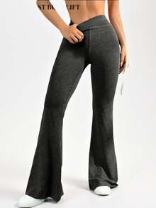 SHEIN Sports Women High Waist Flared Jeans Style Yoga Pants, With Pockets For Workout Running Fitness Commute, Butt Lifting (Random Distressed Effect) - Black - View 3