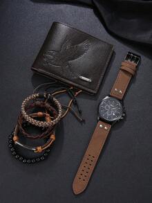 6 件套：男士简约钱包 + 商务休闲手表 + 串珠手链，父亲节、生日、周年纪念的完美礼物 - 棕色套裝 - 查看 3