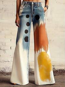 Women's High Waist Tie Dye & Polka Dot Wide Leg Jeans - Vintage Artistic Pants, Boho Y2K Style For Festival & Rave Outfits, 4th Of July. - 花色 - 查看 3