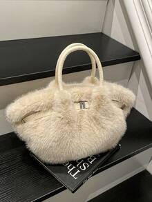 CHICVUE 秋冬新款高端褶皱云朵蓬松仿兔毛手提包，百搭淑女风毛绒优雅腰带装饰单肩包，适合通勤、上学、购物、度假、派对等场合，是理想的圣诞礼物之选。 - 彩色 - 查看 7