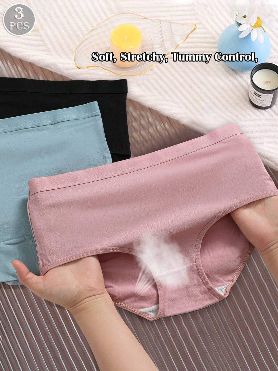 3pcs Women's Mid Rise Briefs Comfortable Breathable Panties With High Elasticity Full Coverage Briefs Minimalist Shapewear Style For Everyday - Multicolor - View 1